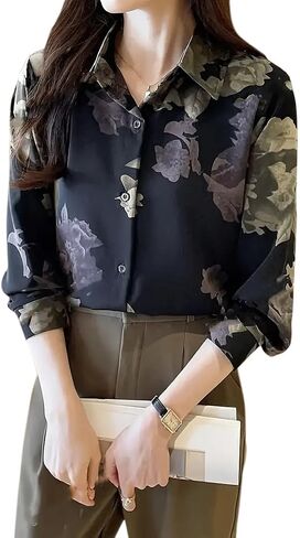 Printed Button Down Satin Blouses for Women Dressy Casual Long Sleeve Shirts Fashion Tops (WS301-P) in Saudi Arabia