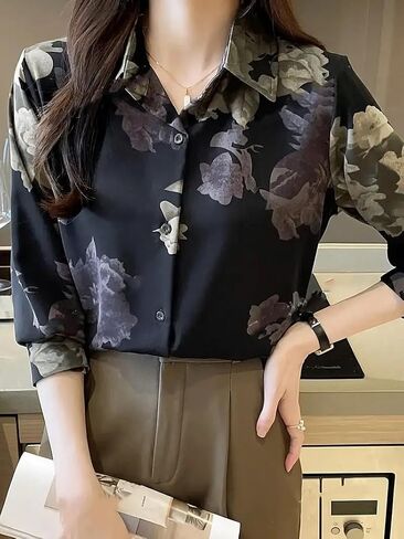 Printed Button Down Satin Blouses for Women Dressy Casual Long Sleeve Shirts Fashion Tops (WS301-P) in Saudi Arabia