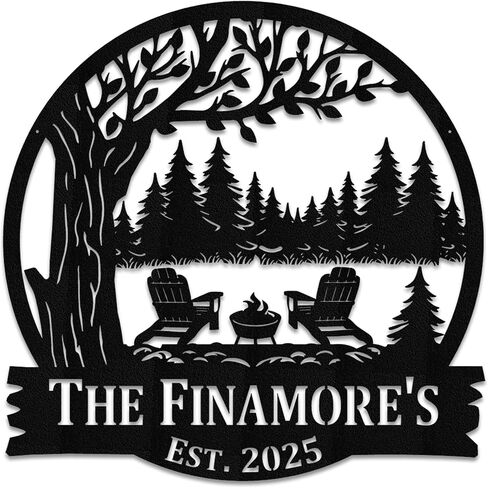 Tree Chairs Dock on Lake Scene Sunset sign Personalized Metal Monogram, Trees. Wedding Gift. Family, Outdoor Name Sign, Last Name Sign,Front Door (black, 16") in Saudi Arabia