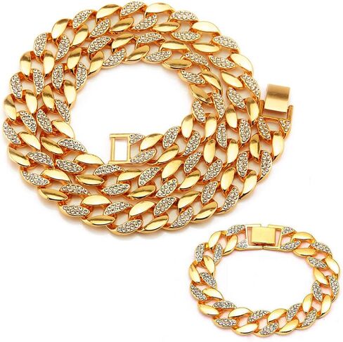 EMESLY Solid Miami Cuban Link Chain Gold/Silver Necklace (16, 18, 20, 22, 24 Inches Length); Hip Hop Bracelet (8" Length) for Men & Women; Perfect Iced Out Bling Jewelry Gift in Saudi Arabia