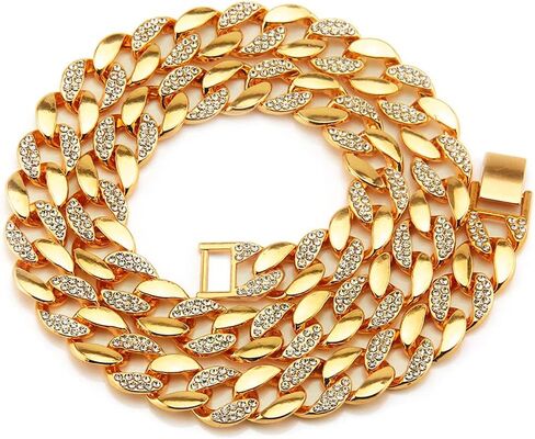 EMESLY Solid Miami Cuban Link Chain Gold/Silver Necklace (16, 18, 20, 22, 24 Inches Length); Hip Hop Bracelet (8" Length) for Men & Women; Perfect Iced Out Bling Jewelry Gift in Saudi Arabia