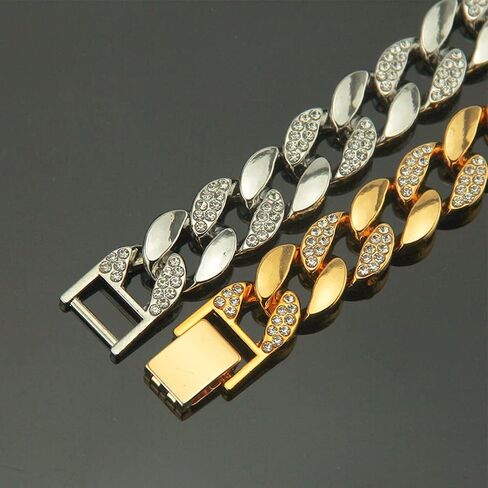 EMESLY Solid Miami Cuban Link Chain Gold/Silver Necklace (16, 18, 20, 22, 24 Inches Length); Hip Hop Bracelet (8" Length) for Men & Women; Perfect Iced Out Bling Jewelry Gift in Saudi Arabia