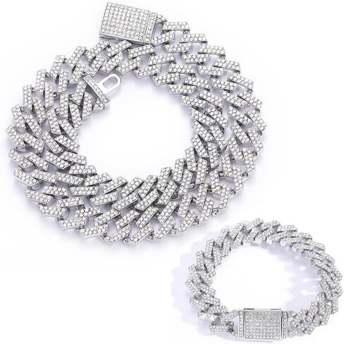 EMESLY Solid Miami Cuban Link Chain Gold/Silver Necklace (16, 18, 20, 22, 24 Inches Length); Hip Hop Bracelet (8" Length) for Men & Women; Perfect Iced Out Bling Jewelry Gift in Saudi Arabia