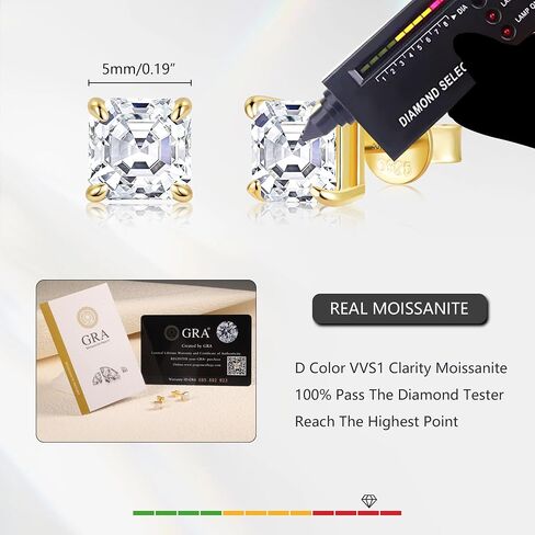 Moissanite Stud Earrings for Women 14K Gold Plated Sterling Silver Stud Earrings 6mm 2ct Asscher Cut D Color VVS1 Moissanite Stud Earrings Lab Created Diamond Earring Studs in Kuwait