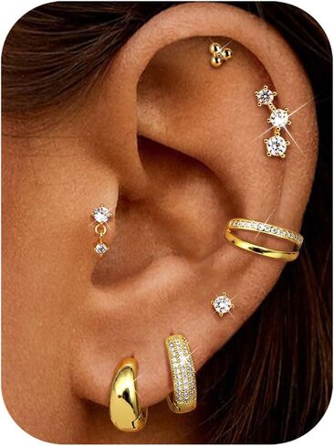 Florideco Small Stud Hoop Earrings for Women - Hypoallergenic 14K Gold Plated Surgical Steel Flat Back Earrings, Stackable Cartilage Earring Sets for Multiple Piercing Trendy Earring Stacks, 7 Pairs in Saudi Arabia