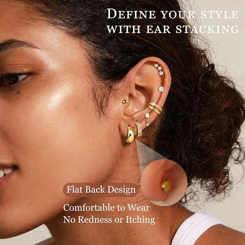 Florideco Small Stud Hoop Earrings for Women - Hypoallergenic 14K Gold Plated Surgical Steel Flat Back Earrings, Stackable Cartilage Earring Sets for Multiple Piercing Trendy Earring Stacks, 7 Pairs in Saudi Arabia