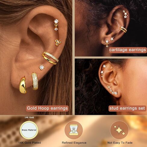 Florideco Small Stud Hoop Earrings for Women - Hypoallergenic 14K Gold Plated Surgical Steel Flat Back Earrings, Stackable Cartilage Earring Sets for Multiple Piercing Trendy Earring Stacks, 7 Pairs in Saudi Arabia