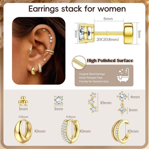 Florideco Small Stud Hoop Earrings for Women - Hypoallergenic 14K Gold Plated Surgical Steel Flat Back Earrings, Stackable Cartilage Earring Sets for Multiple Piercing Trendy Earring Stacks, 7 Pairs in Saudi Arabia
