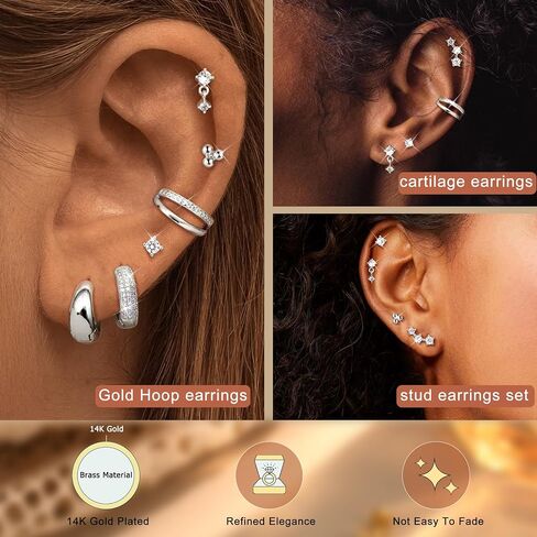 Florideco Small Stud Hoop Earrings for Women - Hypoallergenic 14K Gold Plated Surgical Steel Flat Back Earrings, Stackable Cartilage Earring Sets for Multiple Piercing Trendy Earring Stacks, 7 Pairs in Saudi Arabia