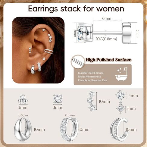 Florideco Small Stud Hoop Earrings for Women - Hypoallergenic 14K Gold Plated Surgical Steel Flat Back Earrings, Stackable Cartilage Earring Sets for Multiple Piercing Trendy Earring Stacks, 7 Pairs in Saudi Arabia
