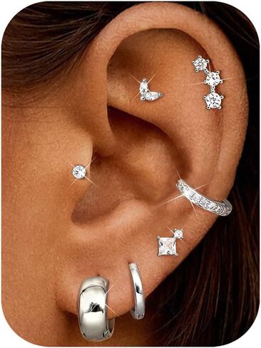 Florideco Small Stud Hoop Earrings for Women - Hypoallergenic 14K Gold Plated Surgical Steel Flat Back Earrings, Stackable Cartilage Earring Sets for Multiple Piercing Trendy Earring Stacks, 7 Pairs in Saudi Arabia