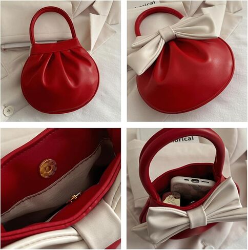 Mini Bow Purse Women Cute Pleated Faux Leather Top Handle Handbag Y2K Retro Chic Pocketbooks in Saudi Arabia