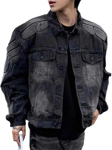 Men's American Loose Hole Denim Jacket Coat Motorcycle Jean Jacket in Saudi Arabia
