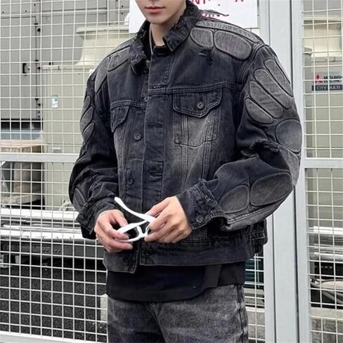 Men's American Loose Hole Denim Jacket Coat Motorcycle Jean Jacket in Saudi Arabia