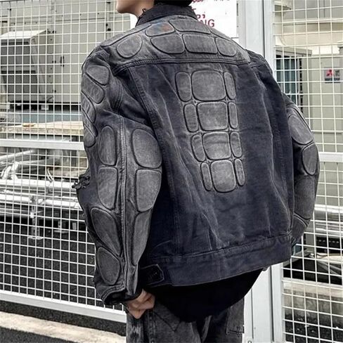 Men's American Loose Hole Denim Jacket Coat Motorcycle Jean Jacket in Saudi Arabia