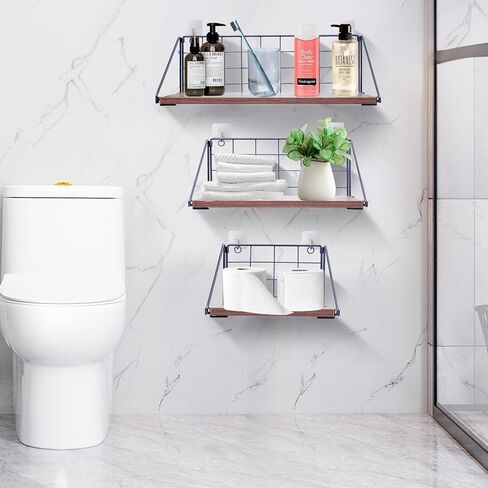 Floating Shelves Set of 3 (7.8/11.8/15.8 Inch) - No Drill Multi-Mount Wall Shelves for Bathroom, Kitchen, Living Room- Rustic Brown Solid Wood Storage Shelves-l Space-Saving Farmhouse Decor in Saudi Arabia