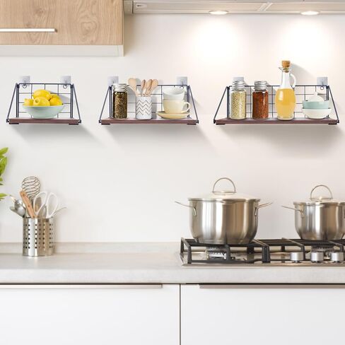 Floating Shelves Set of 3 (7.8/11.8/15.8 Inch) - No Drill Multi-Mount Wall Shelves for Bathroom, Kitchen, Living Room- Rustic Brown Solid Wood Storage Shelves-l Space-Saving Farmhouse Decor in Saudi Arabia