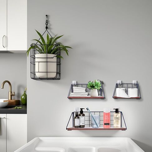 Floating Shelves Set of 3 (7.8/11.8/15.8 Inch) - No Drill Multi-Mount Wall Shelves for Bathroom, Kitchen, Living Room- Rustic Brown Solid Wood Storage Shelves-l Space-Saving Farmhouse Decor in Saudi Arabia