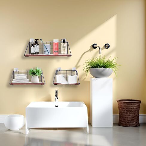 Floating Shelves Set of 3 (7.8/11.8/15.8 Inch) - No Drill Multi-Mount Wall Shelves for Bathroom, Kitchen, Living Room- Rustic Brown Solid Wood Storage Shelves-l Space-Saving Farmhouse Decor in Saudi Arabia