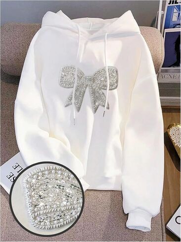 SweatyRocks Women's Oversized Hoodies Sweatshirt Rhinestone Pearl Bow Long Sleeve Thermal Lined Shirt Top in Saudi Arabia