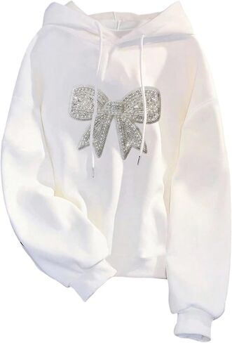 SweatyRocks Women's Oversized Hoodies Sweatshirt Rhinestone Pearl Bow Long Sleeve Thermal Lined Shirt Top in Saudi Arabia