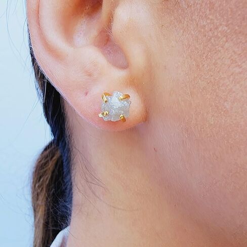Real Raw White Diamond gemstone stud earrings with yellow gold over 925 sterling silver, 6 to 7mm rough genuine quality April birthstone gift for her, Uniquelan Jewelry (black-diamond) in Kuwait