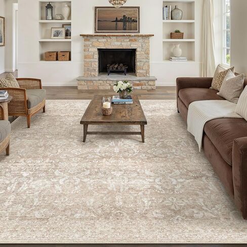 8x10 Area Rug Washable Vintage Living Room Bedroom Carpet Indoor Large Non Slip Soft Low Pile Thin Beige Rug Retro Accent Throw Office Dining Room in Kuwait