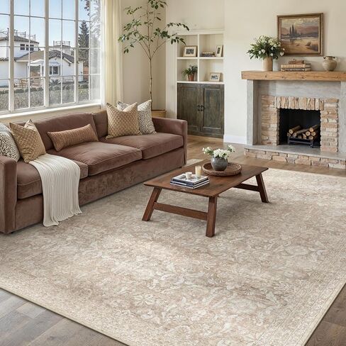 8x10 Area Rug Washable Vintage Living Room Bedroom Carpet Indoor Large Non Slip Soft Low Pile Thin Beige Rug Retro Accent Throw Office Dining Room in Kuwait