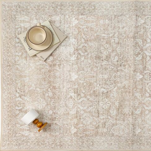 8x10 Area Rug Washable Vintage Living Room Bedroom Carpet Indoor Large Non Slip Soft Low Pile Thin Beige Rug Retro Accent Throw Office Dining Room in Kuwait