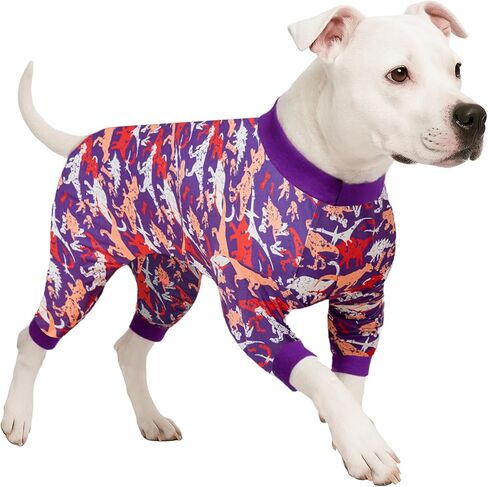 LovinPet Pit Bull Pajamas - Large Dog Pjs, Lightweight Stretchy Fabric, Purple and Orange Camo Dinosaur Print, Pet Anxiety Relief Shirt, Easy Wearing Dog Pjs, Dog Onesie for Party,Purple L in Saudi Arabia