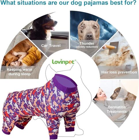 LovinPet Pit Bull Pajamas - Large Dog Pjs, Lightweight Stretchy Fabric, Purple and Orange Camo Dinosaur Print, Pet Anxiety Relief Shirt, Easy Wearing Dog Pjs, Dog Onesie for Party,Purple L in Saudi Arabia