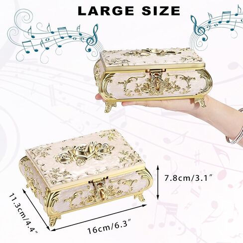ELLDOO Vintage Music Box, Beige Metal Musical Jewelry Box Keepsake Box, Small Trinket Jewelry Storage Box Gift for Girl Women (Tune: You are My Sunshine), Red Rose Pattern, Large in Saudi Arabia