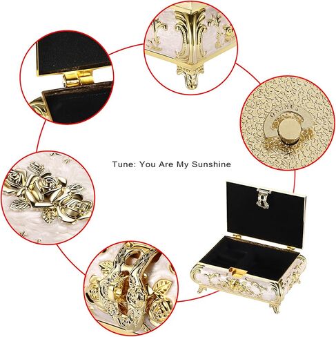 ELLDOO Vintage Music Box, Beige Metal Musical Jewelry Box Keepsake Box, Small Trinket Jewelry Storage Box Gift for Girl Women (Tune: You are My Sunshine), Red Rose Pattern, Large in Saudi Arabia