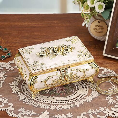 ELLDOO Vintage Music Box, Beige Metal Musical Jewelry Box Keepsake Box, Small Trinket Jewelry Storage Box Gift for Girl Women (Tune: You are My Sunshine), Red Rose Pattern, Large in Saudi Arabia