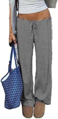 Women's Lounge Striped Wide Leg Pants, Low Rise Baggy Pajama Pants in Saudi Arabia