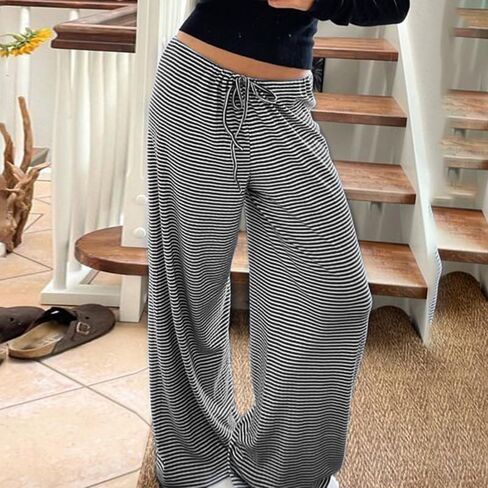 Women's Lounge Striped Wide Leg Pants, Low Rise Baggy Pajama Pants in Saudi Arabia
