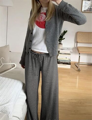 Women's Lounge Striped Wide Leg Pants, Low Rise Baggy Pajama Pants in Saudi Arabia
