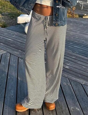 Women's Lounge Striped Wide Leg Pants, Low Rise Baggy Pajama Pants in Saudi Arabia
