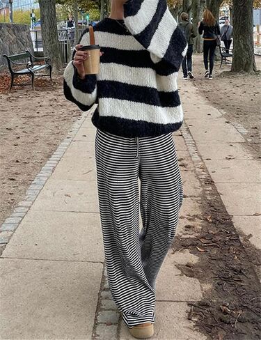 Women's Lounge Striped Wide Leg Pants, Low Rise Baggy Pajama Pants in Saudi Arabia
