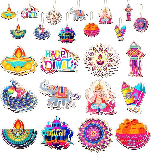 HOWAF 36pcs Happy Diwali Decoration Wooden Hanging Ornaments, Diwali Wood Cutout Ornaments with Rope for Indian Theme Festival of Lights Party Decor, Deepavali Gift Pendant in Saudi Arabia