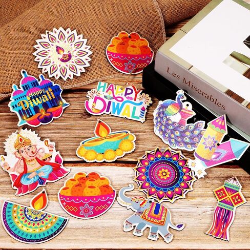 HOWAF 36pcs Happy Diwali Decoration Wooden Hanging Ornaments, Diwali Wood Cutout Ornaments with Rope for Indian Theme Festival of Lights Party Decor, Deepavali Gift Pendant in Saudi Arabia