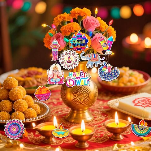 HOWAF 36pcs Happy Diwali Decoration Wooden Hanging Ornaments, Diwali Wood Cutout Ornaments with Rope for Indian Theme Festival of Lights Party Decor, Deepavali Gift Pendant in Saudi Arabia