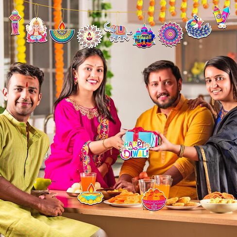 HOWAF 36pcs Happy Diwali Decoration Wooden Hanging Ornaments, Diwali Wood Cutout Ornaments with Rope for Indian Theme Festival of Lights Party Decor, Deepavali Gift Pendant in Saudi Arabia