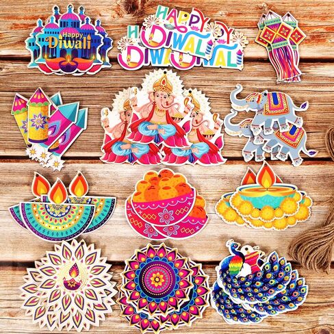 HOWAF 36pcs Happy Diwali Decoration Wooden Hanging Ornaments, Diwali Wood Cutout Ornaments with Rope for Indian Theme Festival of Lights Party Decor, Deepavali Gift Pendant in Saudi Arabia