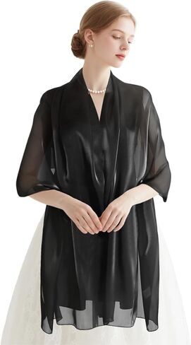 شالات وأغطية سوداء من E-Clover لفساتين السهرة وشاح من الساتان للنساء شالات زفاف طويلة لحفلات الزفاف والارتداء اليومي in Kuwait