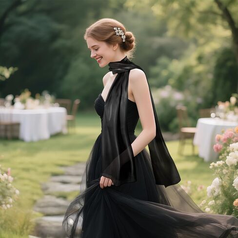 شالات وأغطية سوداء من E-Clover لفساتين السهرة وشاح من الساتان للنساء شالات زفاف طويلة لحفلات الزفاف والارتداء اليومي in Kuwait