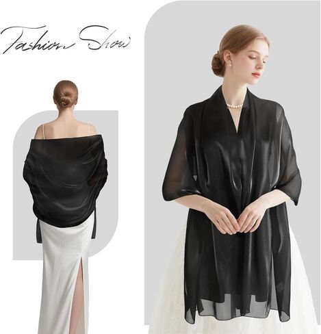 شالات وأغطية سوداء من E-Clover لفساتين السهرة وشاح من الساتان للنساء شالات زفاف طويلة لحفلات الزفاف والارتداء اليومي in Kuwait