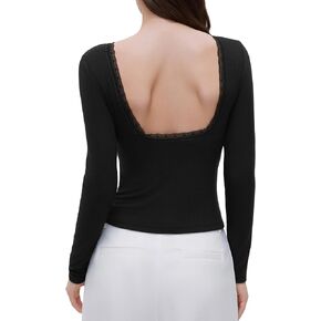 OMKAGI Backless Going Out Tops for Women Fitted Long Sleeve Double Layer Lace Shirts in Kuwait