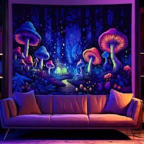 Aicmerk Blacklight Mushroom Tapestry, Glow In The Dark Tapestry Fantasy, UV Reactive Mushroom Tapestries Posters Wall Hanging decor for Bedroom Living Room (Blacklight, Blue, 78 * 60 Inch) in Saudi Arabia
