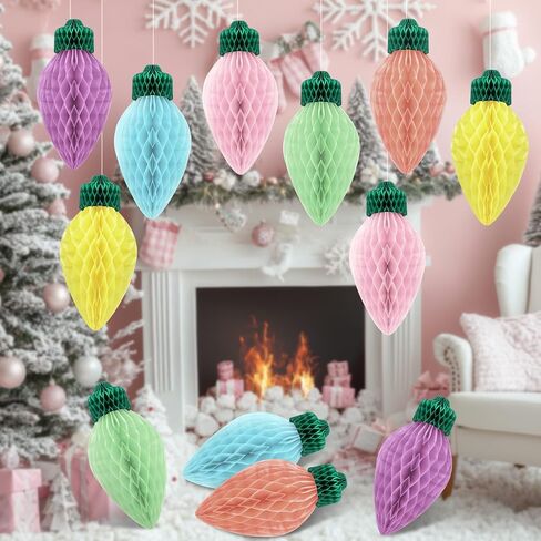 12 Pcs 12'' Jumbo Christmas Lights Honeycomb Hanging Decorations Large 3D Light Bulb Shaped Xmas Assorted Colors Honeycomb Ornament for Christmas Classroom Decorations in Saudi Arabia